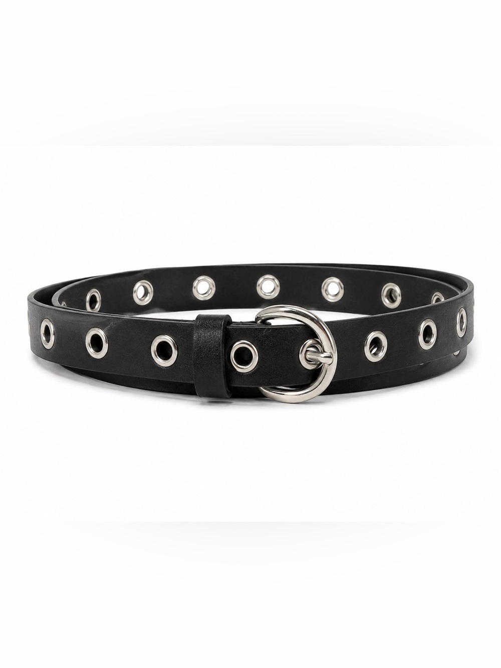 Black Grommet Belt Silver Buckle Double Row Studded